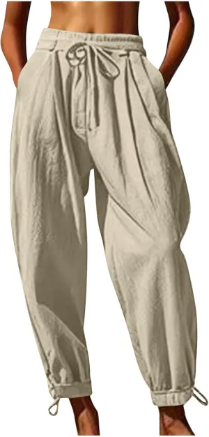Womens Cinch Bottom Cotton Linen Pants Summer Casual Solid High Waist Drawstring Trousers Baggy Trouser with Pockets