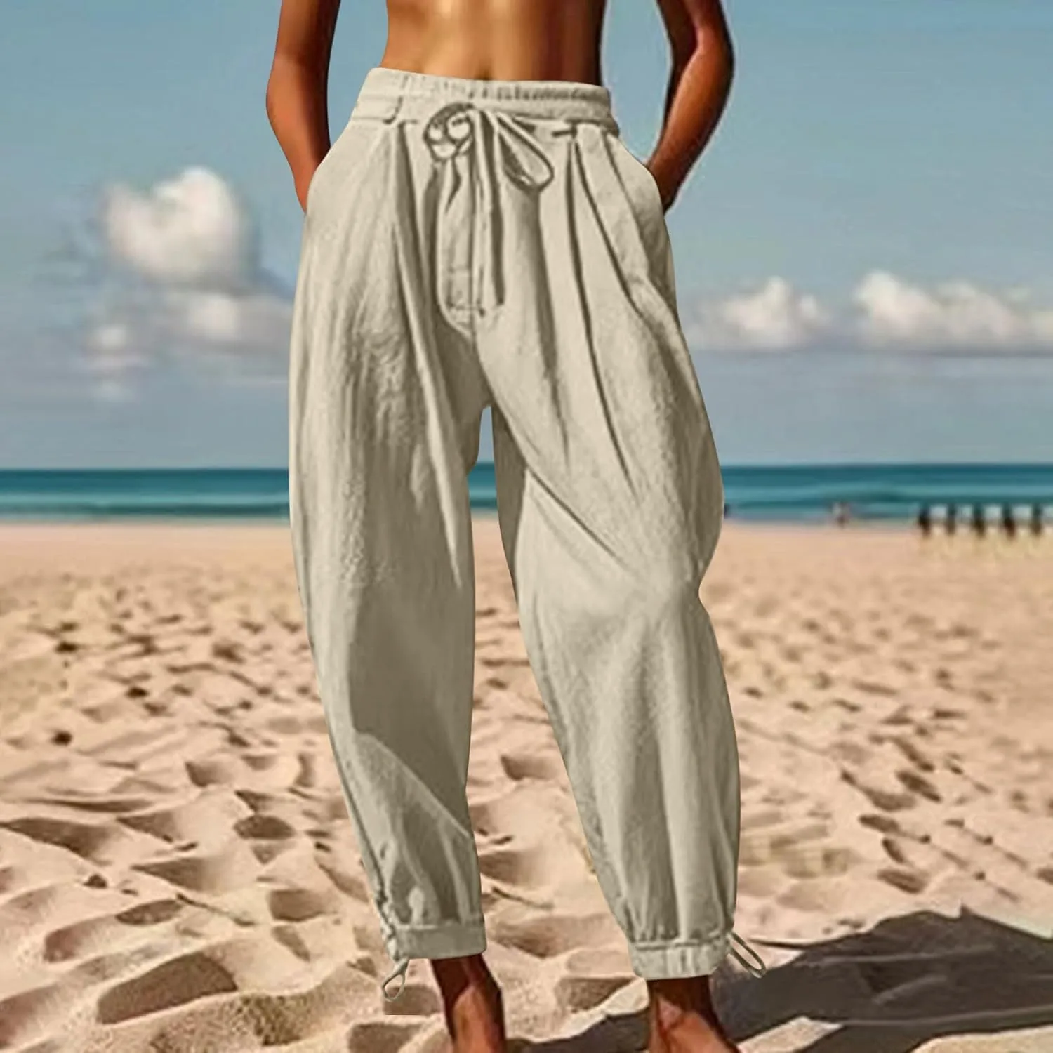 Womens Cinch Bottom Cotton Linen Pants Summer Casual Solid High Waist Drawstring Trousers Baggy Trouser with Pockets