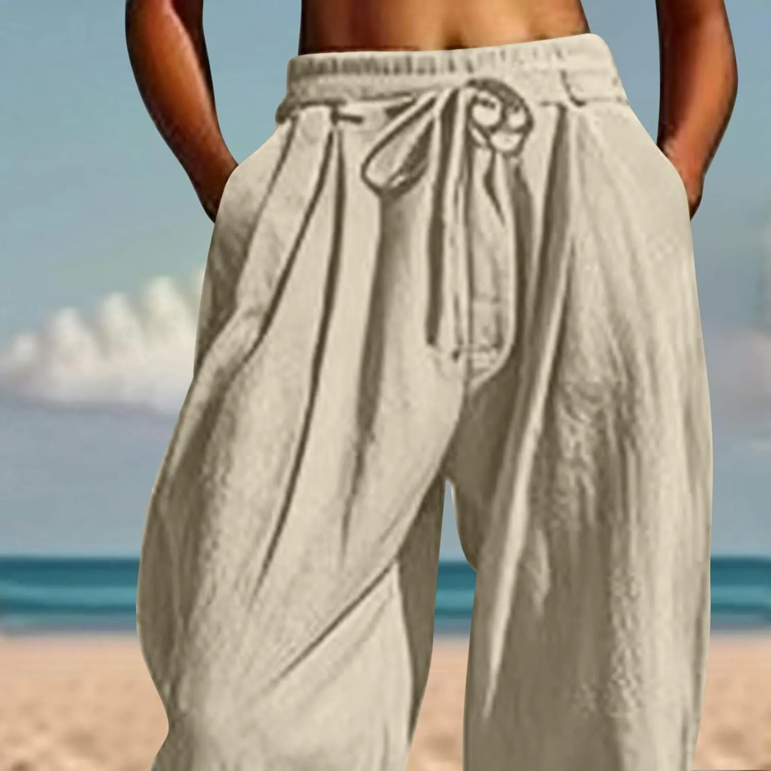 Womens Cinch Bottom Cotton Linen Pants Summer Casual Solid High Waist Drawstring Trousers Baggy Trouser with Pockets