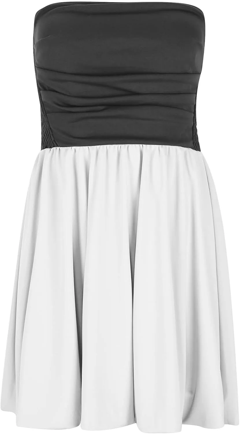 Women's Summer Strapless Mini Dress Tube Top Bubble Skirt 2025 Short Pleated A Line Patchwork Beach Party Sundress