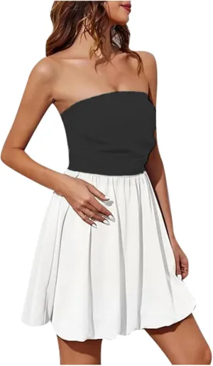 Women's Summer Strapless Mini Dress Tube Top Bubble Skirt 2025 Short Pleated A Line Patchwork Beach Party Sundress