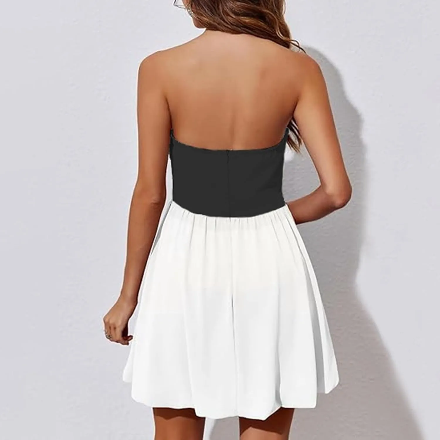 Women's Summer Strapless Mini Dress Tube Top Bubble Skirt 2025 Short Pleated A Line Patchwork Beach Party Sundress