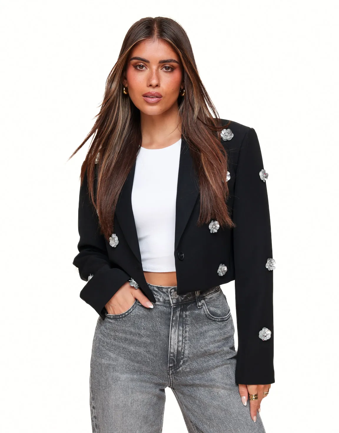 Zwarte Statement Bloemen Cropped - Blazer