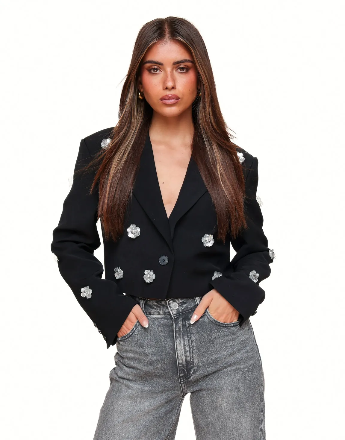 Zwarte Statement Bloemen Cropped - Blazer