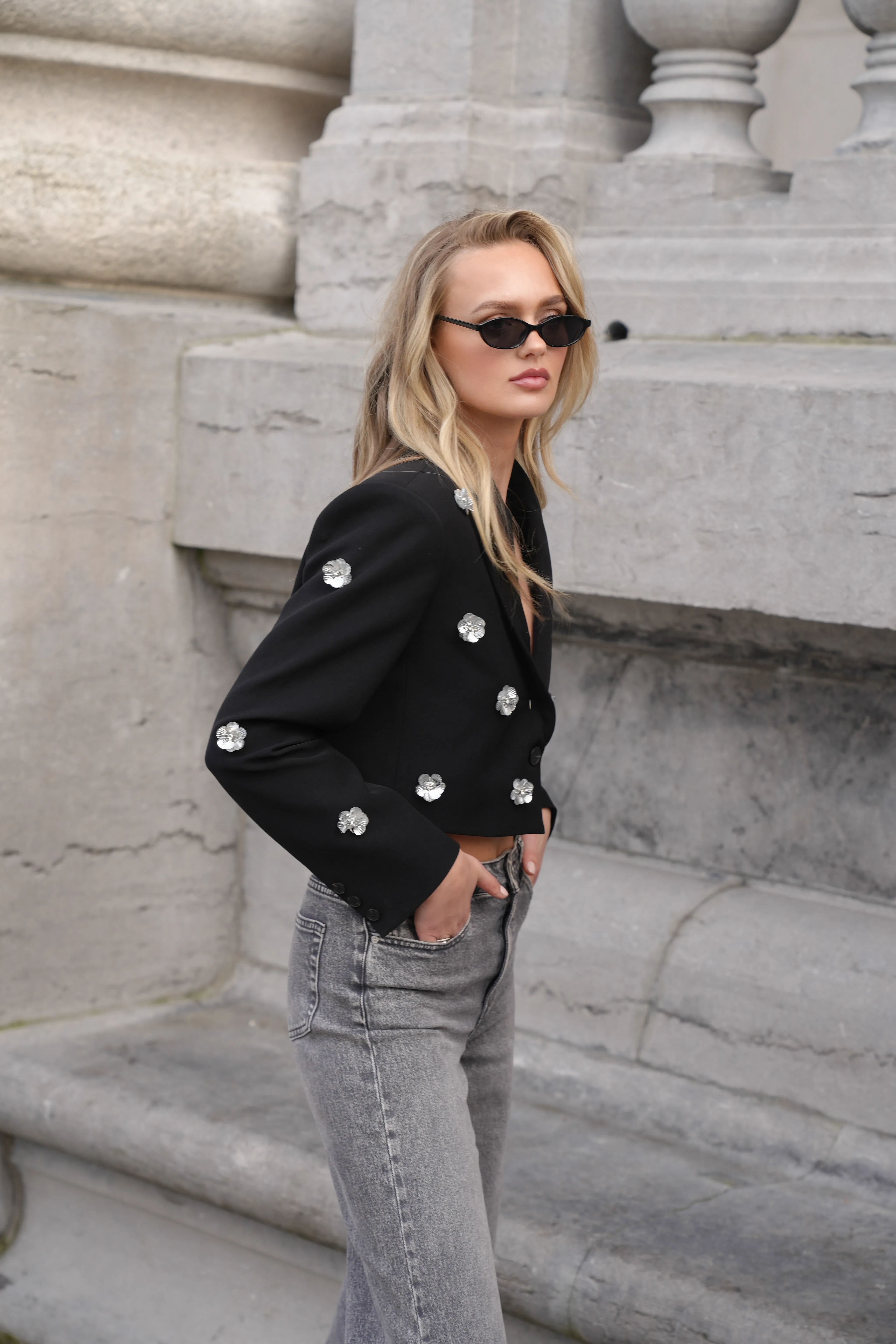 Zwarte Statement Bloemen Cropped - Blazer